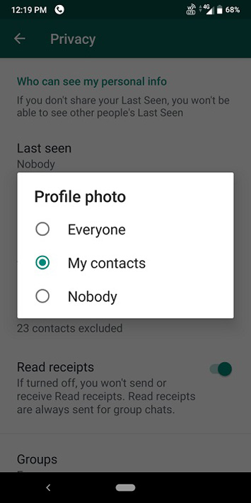مخفی کردن عکس پروفایل واتساپ