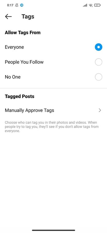 آموزش جلوگیری از نمایش پست های تگ شده در اینستاگرام